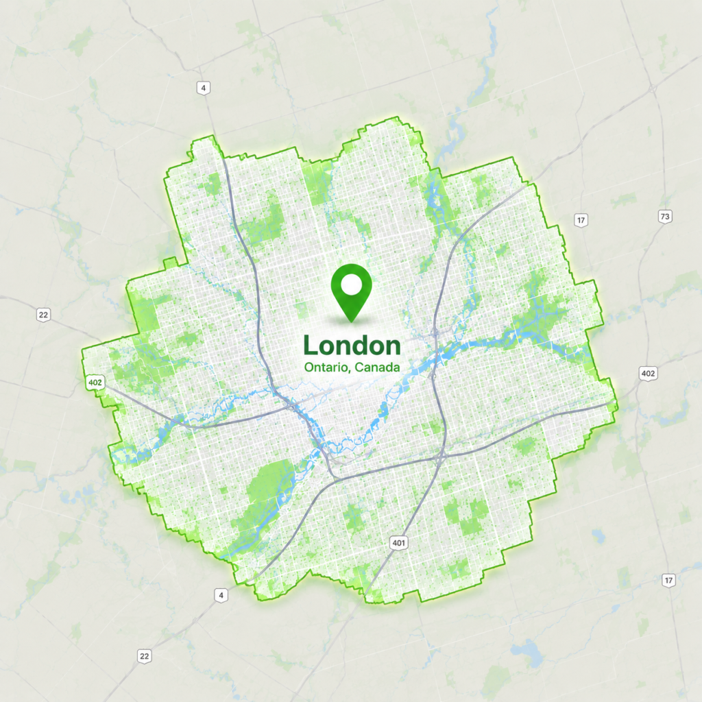 ExoSmoke cannabis delivery service area map covering London, Ontario neighbourhoods