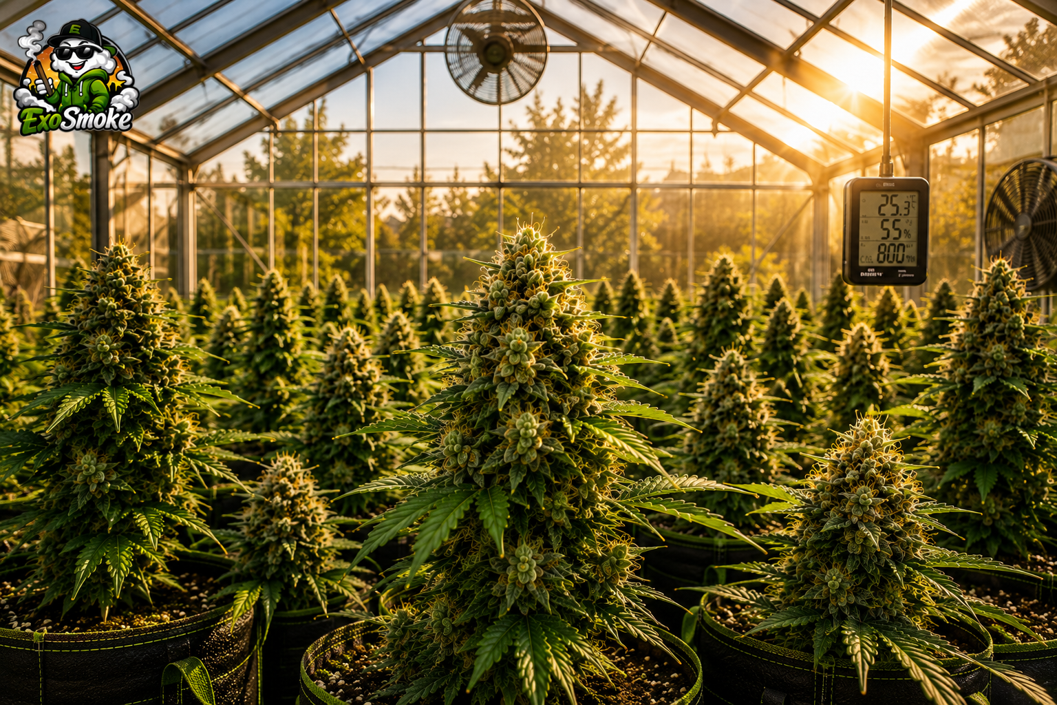 Greenhouse cannabis growing with natural sunlight, ventilation, and dense flowering plants in a controlled environment.