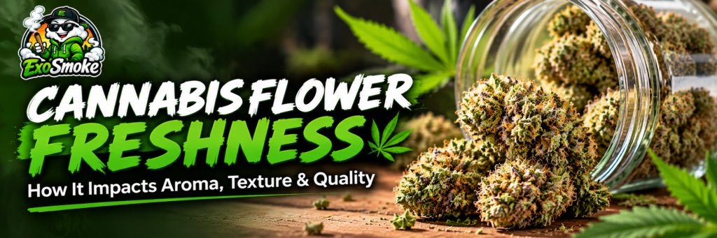 ExoSmoke cannabis flower freshness banner featuring cannabis buds, aroma, texture, and quality